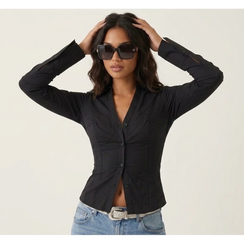 Princess Polly Zifa Black Corset Style Button Down Long Sleeve Blouse US 10